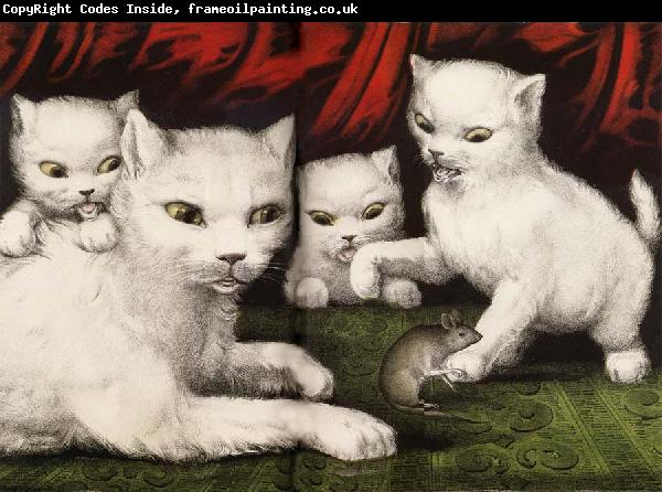 Currier and Ives Three little white kitties